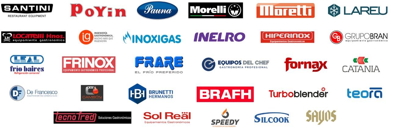 Logos de marcas gastronómicas que Wiltec Service repara, como Pauna, Morelli, Speedy, Santini, Silcook, Frinox, y otras